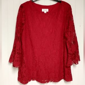 Women's Red Floral Lace Blouse Top by Elle Bell Sleeves Pullover Size Large EUC